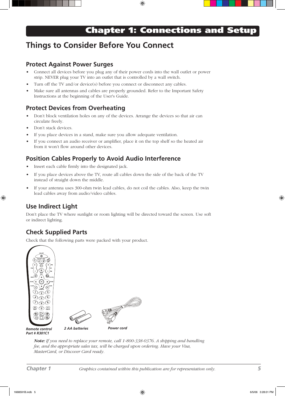 Protect against power surges, Protect devices from overheating, Use indirect light | Check supplied parts, Chapter 1 5 | RCA L37WD14 User Manual | Page 5 / 56