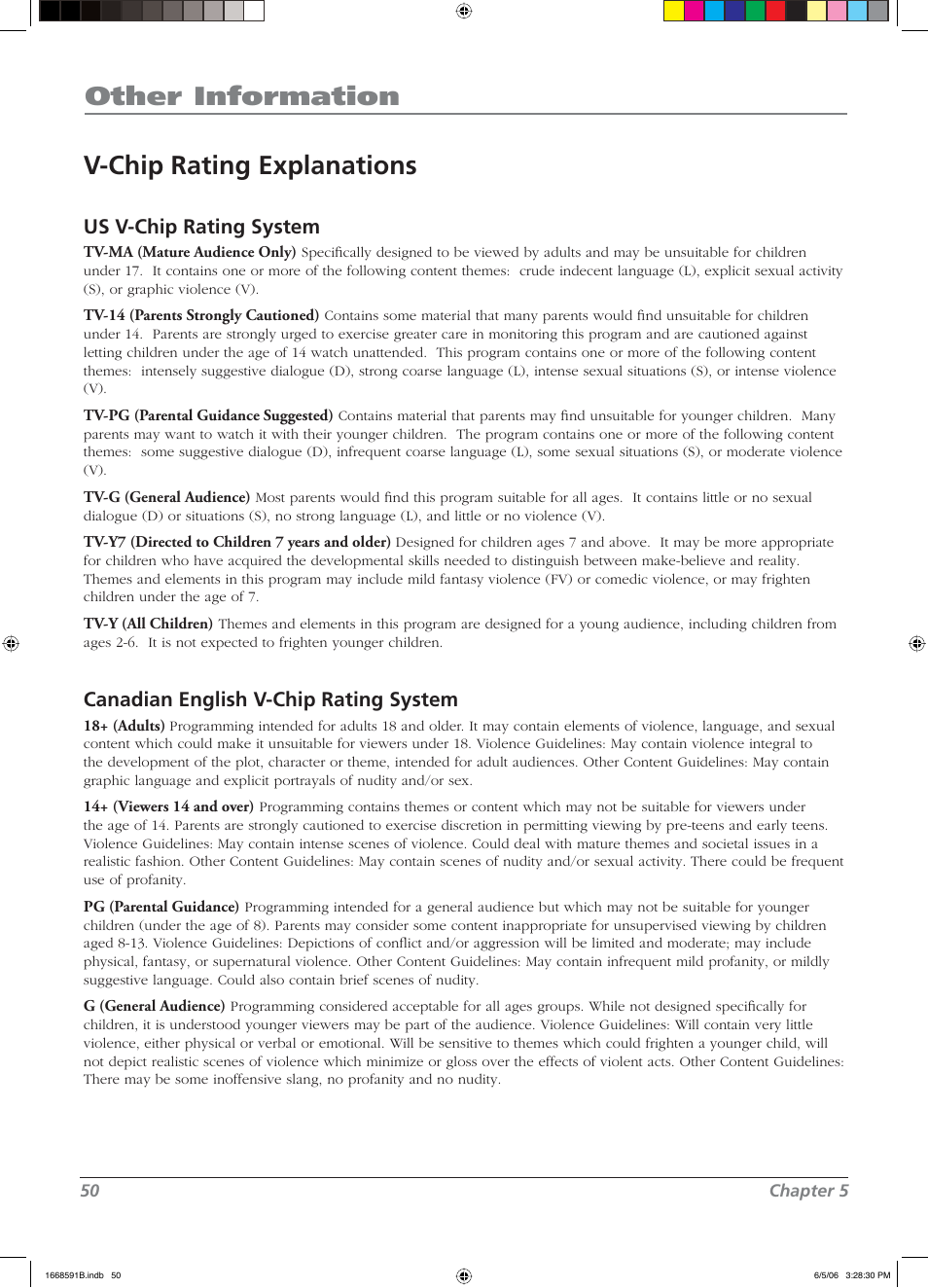 Other information v-chip rating explanations, Us v-chip rating system, Canadian english v-chip rating system | RCA L37WD14 User Manual | Page 50 / 56