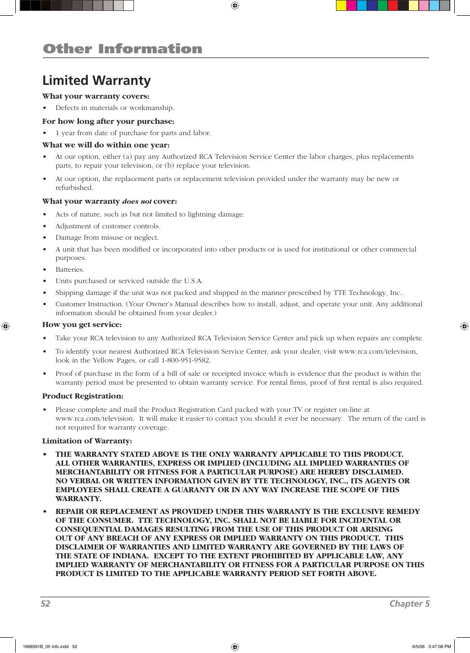 Other information limited warranty | RCA L37WD14 User Manual | Page 52 / 56