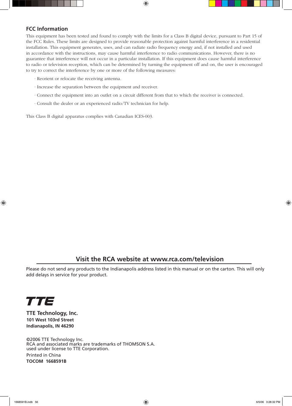 Tte technology, inc, Fcc information | RCA L37WD14 User Manual | Page 56 / 56