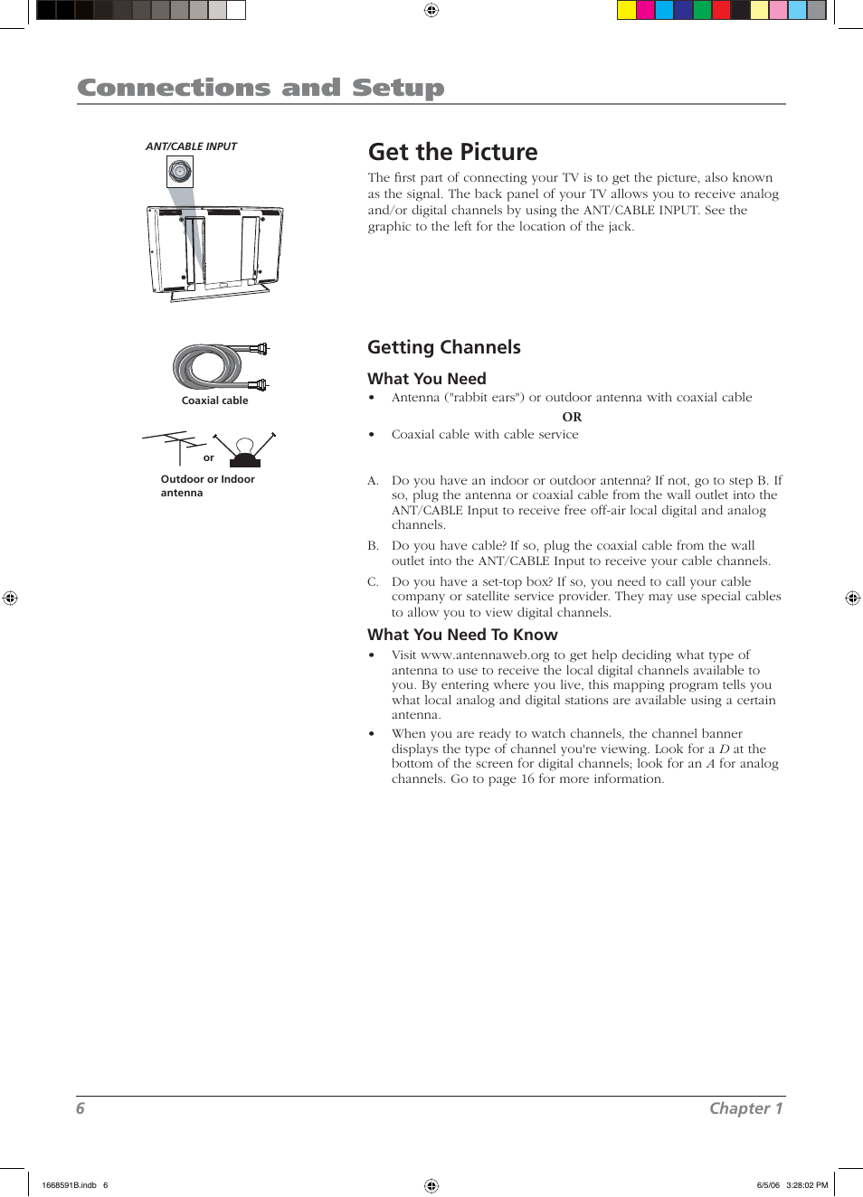 Connections and setup, Get the picture, Getting channels | RCA L37WD14 User Manual | Page 6 / 56