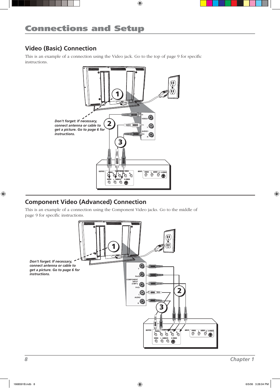 Connections and setup, Video (basic) connection, Component video (advanced) connection | 8chapter 1 | RCA L37WD14 User Manual | Page 8 / 56