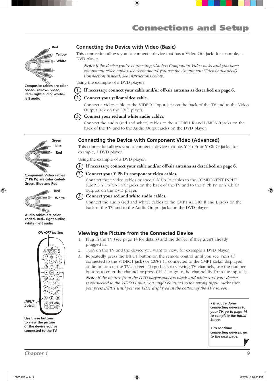 Connections and setup, Chapter 1 9, Connecting the device with video (basic) | Viewing the picture from the connected device, Connect your y pb pr component video cables, Connect your red and white audio cables | RCA L37WD14 User Manual | Page 9 / 56