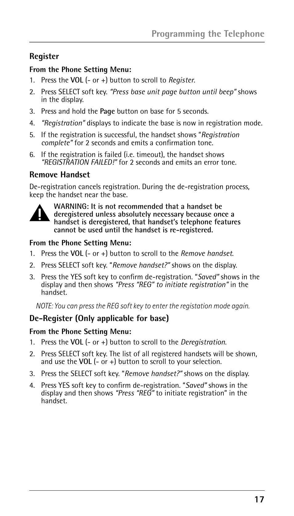 Programming the telephone | RCA DECT 00023265 User Manual | Page 17 / 100