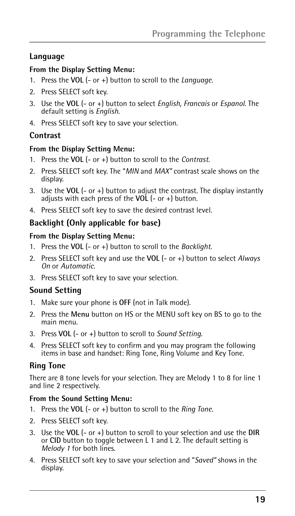 Programming the telephone | RCA DECT 00023265 User Manual | Page 19 / 100