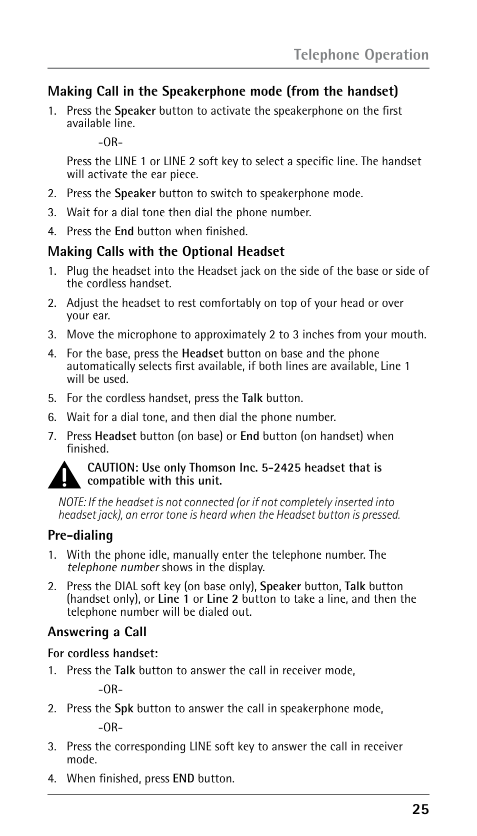 Telephone operation | RCA DECT 00023265 User Manual | Page 25 / 100