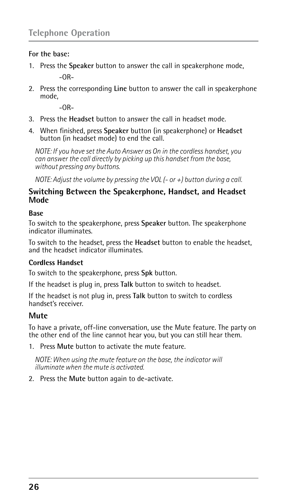 Telephone operation | RCA DECT 00023265 User Manual | Page 26 / 100