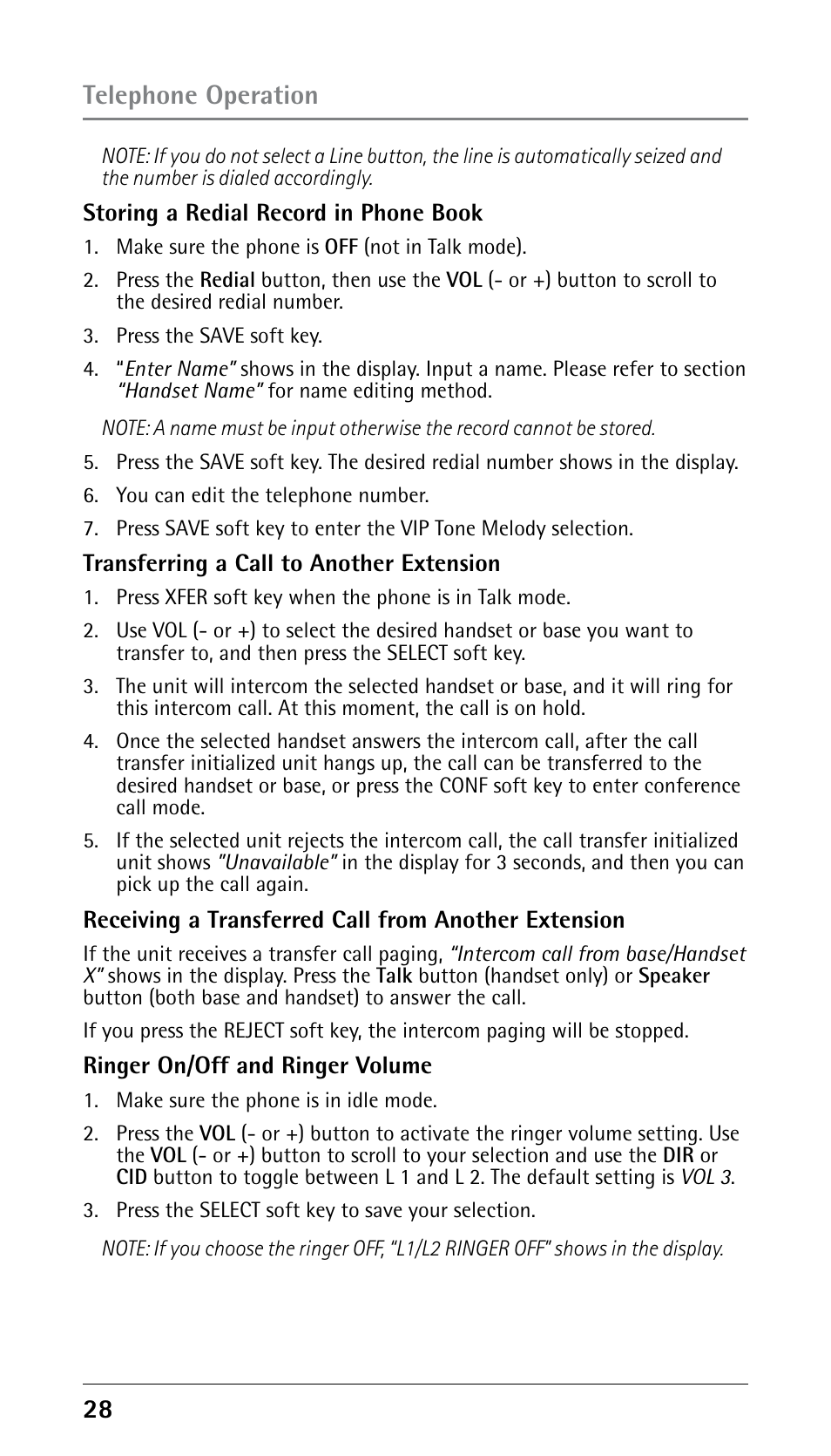 Telephone operation | RCA DECT 00023265 User Manual | Page 28 / 100