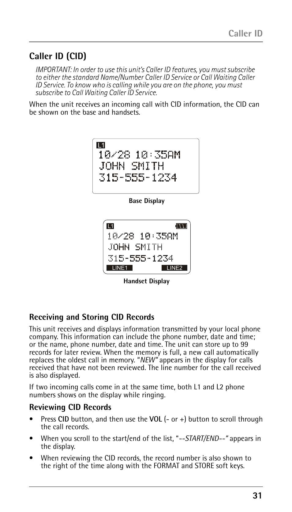 1 caller id (cid), Caller id | RCA DECT 00023265 User Manual | Page 31 / 100