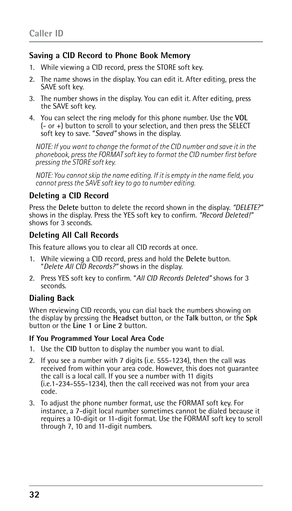 Caller id | RCA DECT 00023265 User Manual | Page 32 / 100