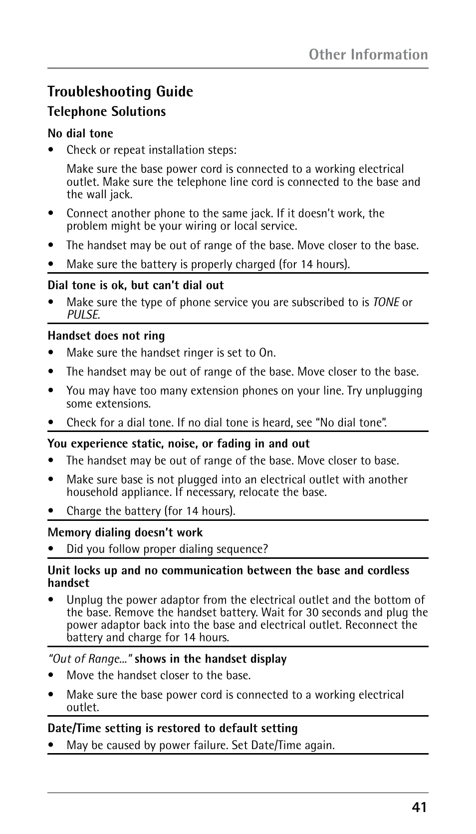 1 troubleshooting guide, Other information | RCA DECT 00023265 User Manual | Page 41 / 100