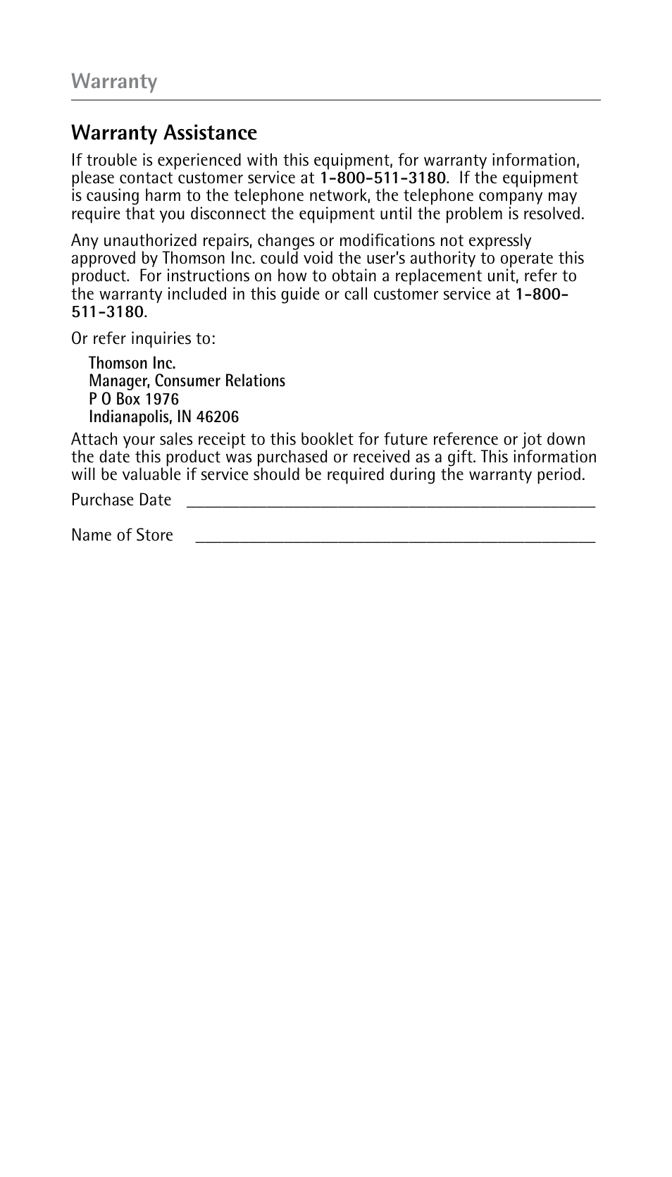 Warranty warranty assistance | RCA DECT 00023265 User Manual | Page 44 / 100