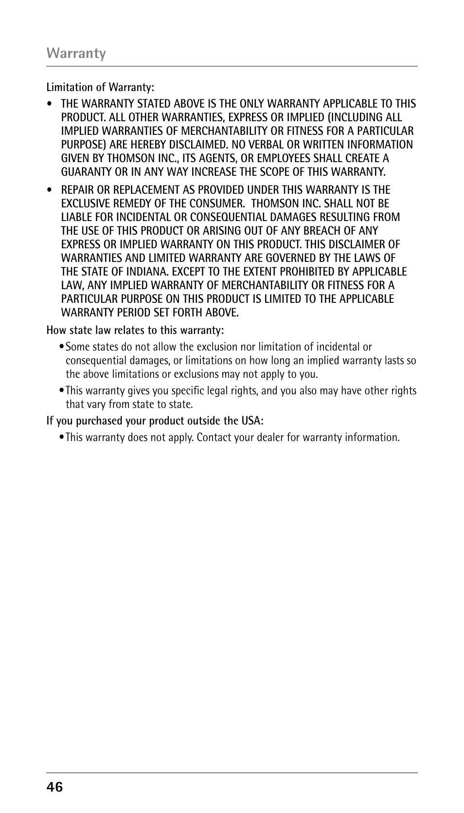 Warranty | RCA DECT 00023265 User Manual | Page 46 / 100