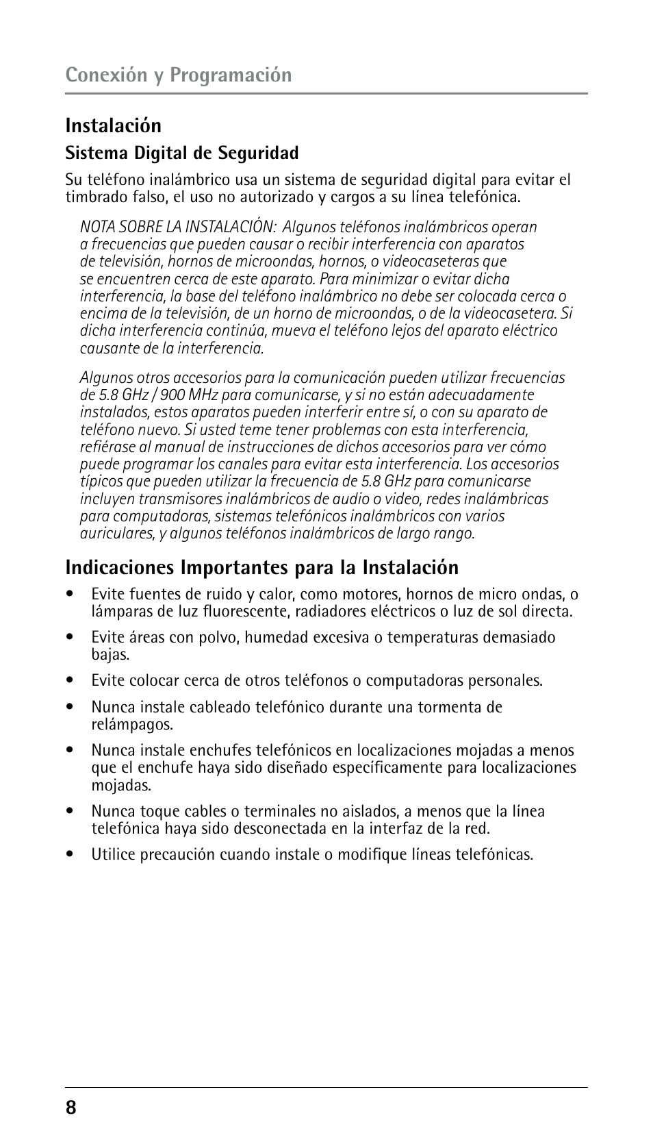 Conexión y programación instalación, Indicaciones importantes para la instalación | RCA DECT 00023265 User Manual | Page 58 / 100