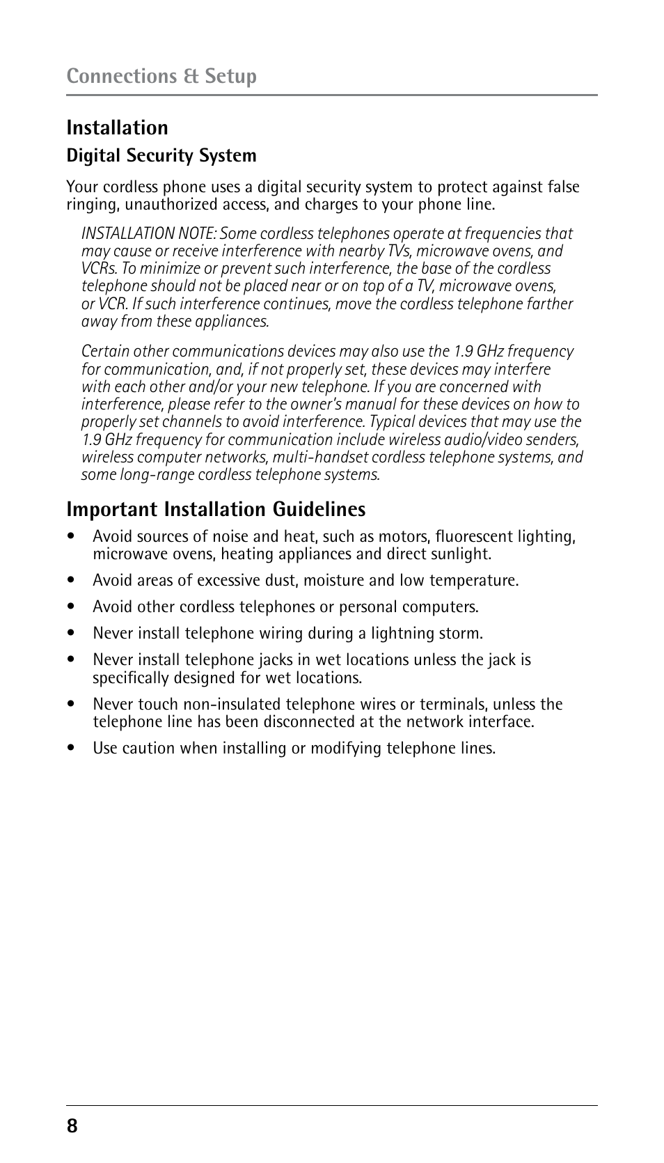 Connections & setup installation, Important installation guidelines | RCA DECT 00023265 User Manual | Page 8 / 100