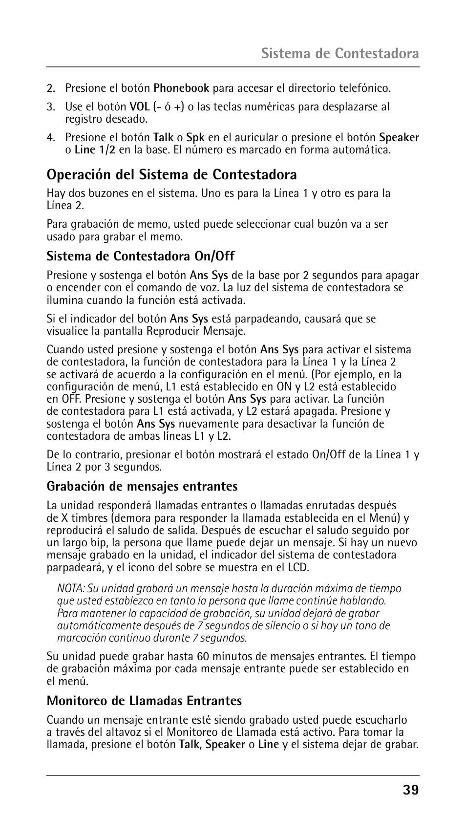 Operación del sistema de contestadora, Sistema de contestadora | RCA DECT 00023265 User Manual | Page 89 / 100