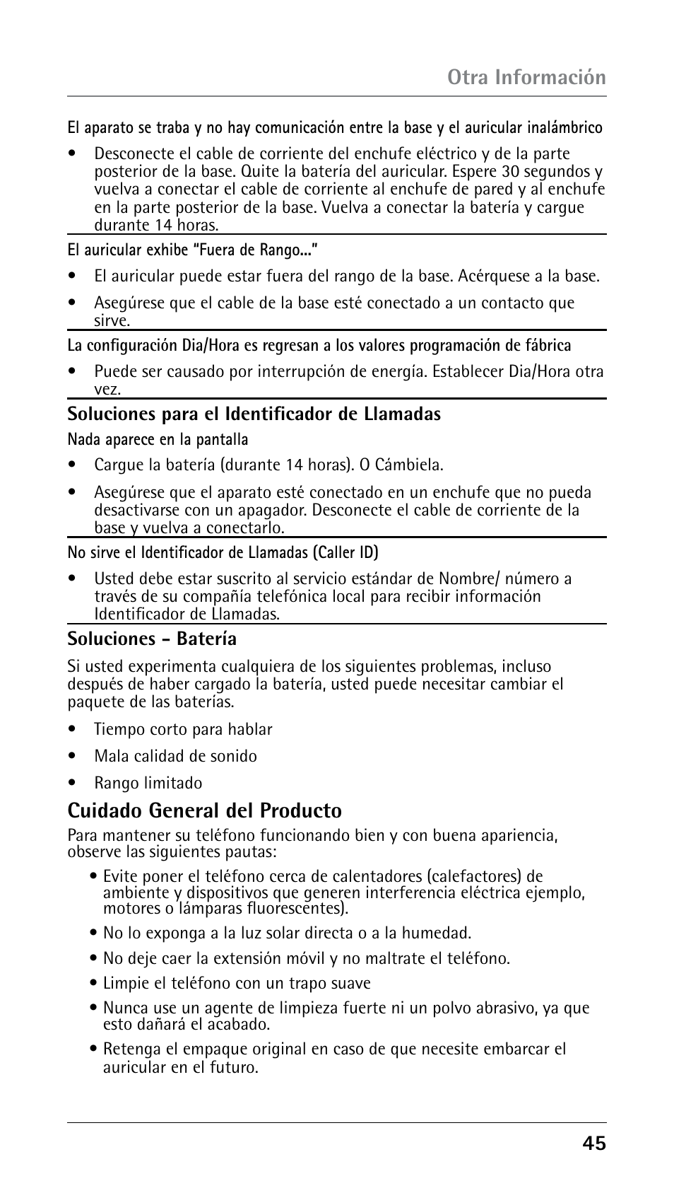 5 otra información, Cuidado general del producto | RCA DECT 00023265 User Manual | Page 95 / 100