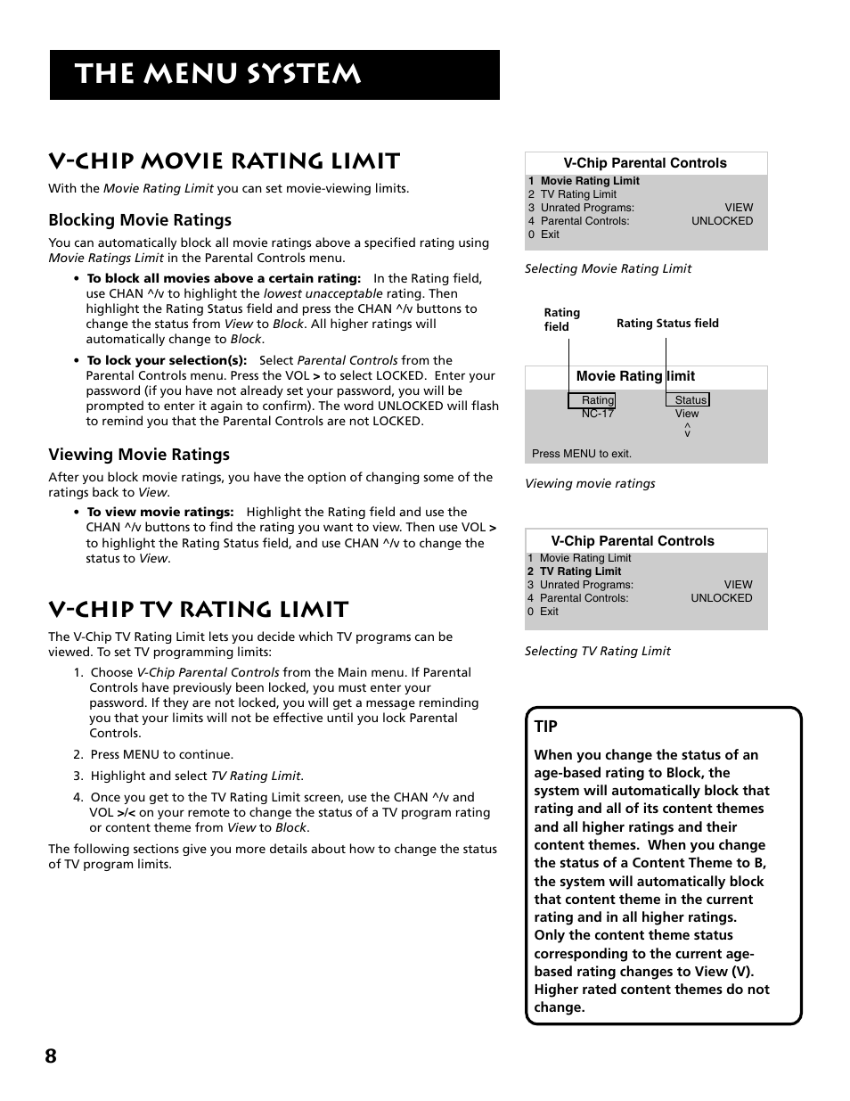 The menu system, V-chip movie rating limit, V-chip tv rating limit | Blocking movie ratings, Viewing movie ratings | RCA E13341 User Manual | Page 10 / 20