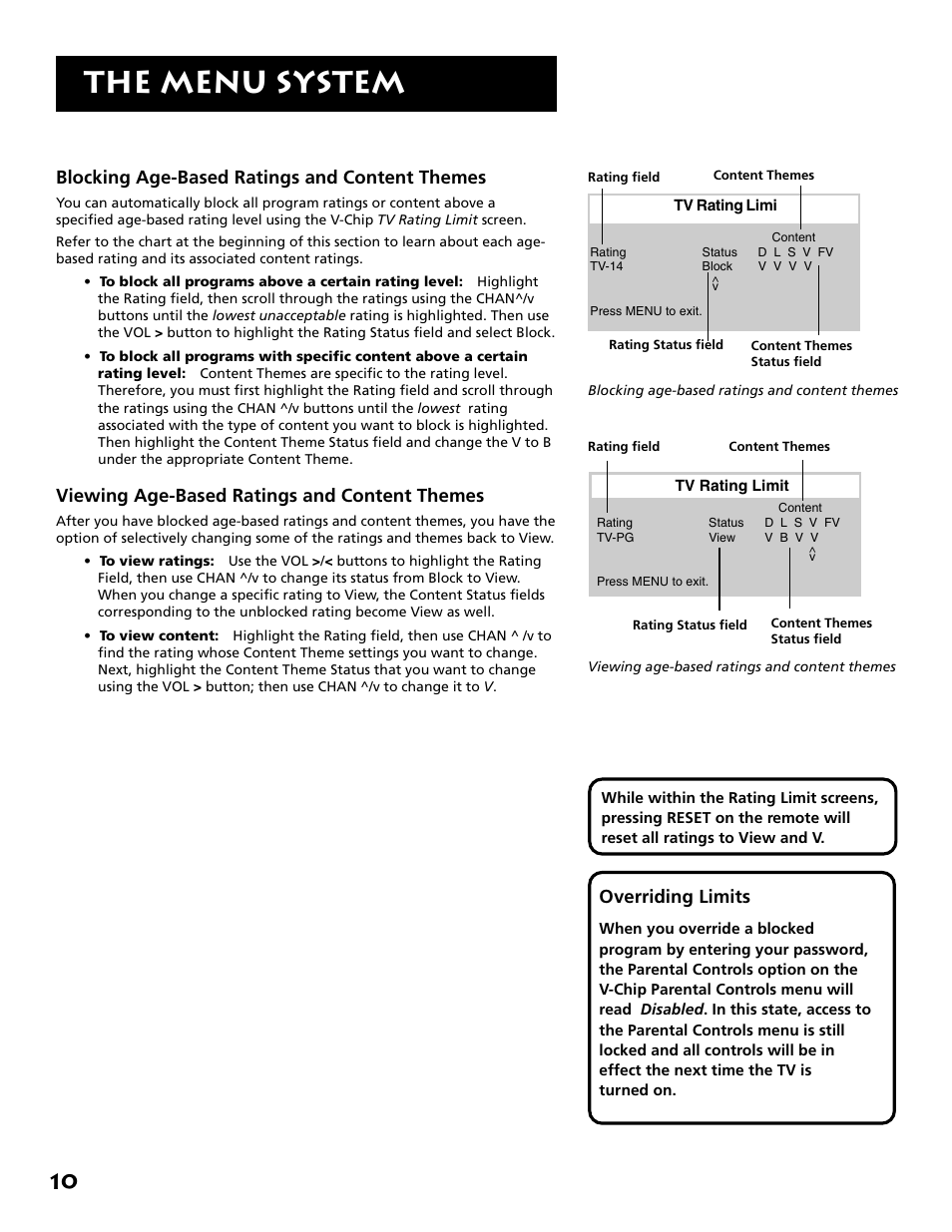 The menu system, Blocking age-based ratings and content themes, Viewing age-based ratings and content themes | Overriding limits | RCA E13341 User Manual | Page 12 / 20