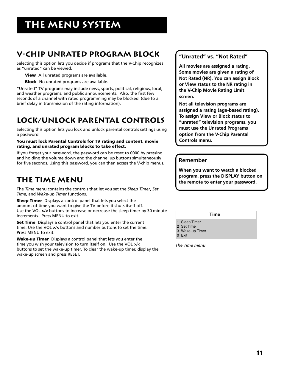 The menu system, V-chip unrated program block, Lock/unlock parental controls | The time menu | RCA E13341 User Manual | Page 13 / 20