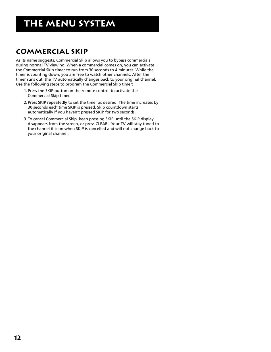 The menu system, Commercial skip | RCA E13341 User Manual | Page 14 / 20