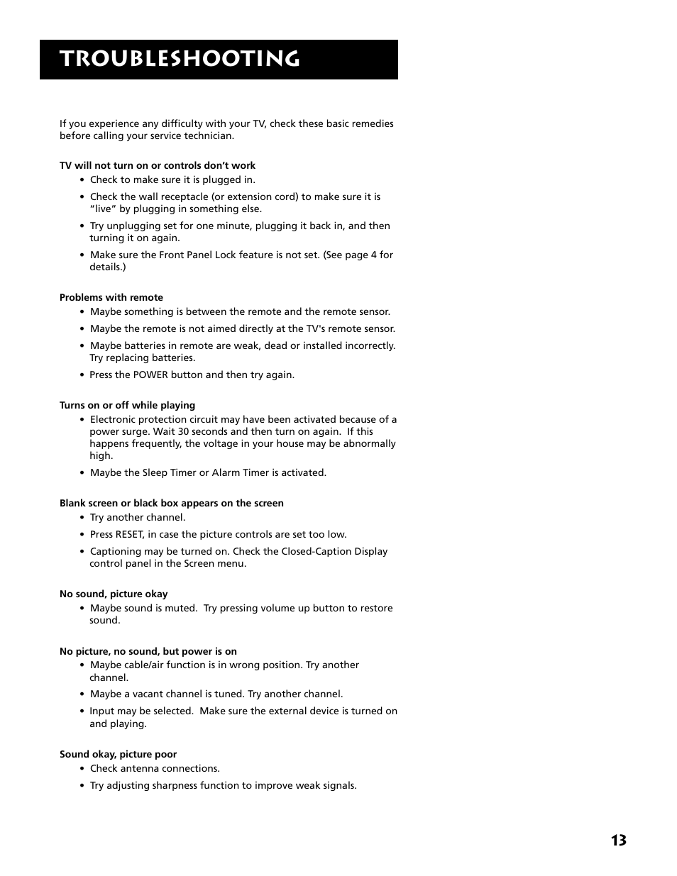 Troubleshooting | RCA E13341 User Manual | Page 15 / 20