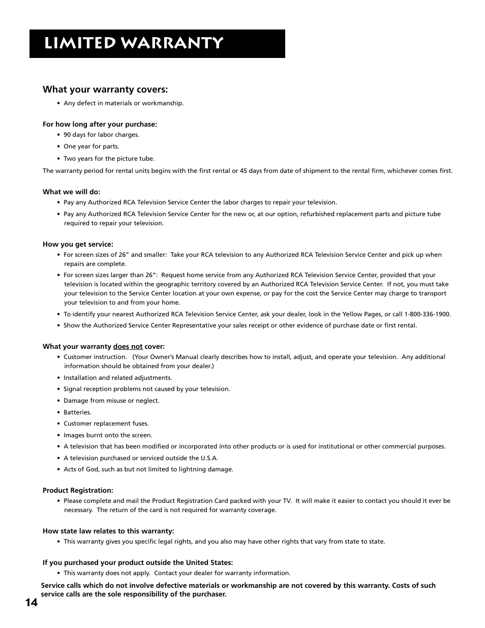 Limited warranty, What your warranty covers | RCA E13341 User Manual | Page 16 / 20