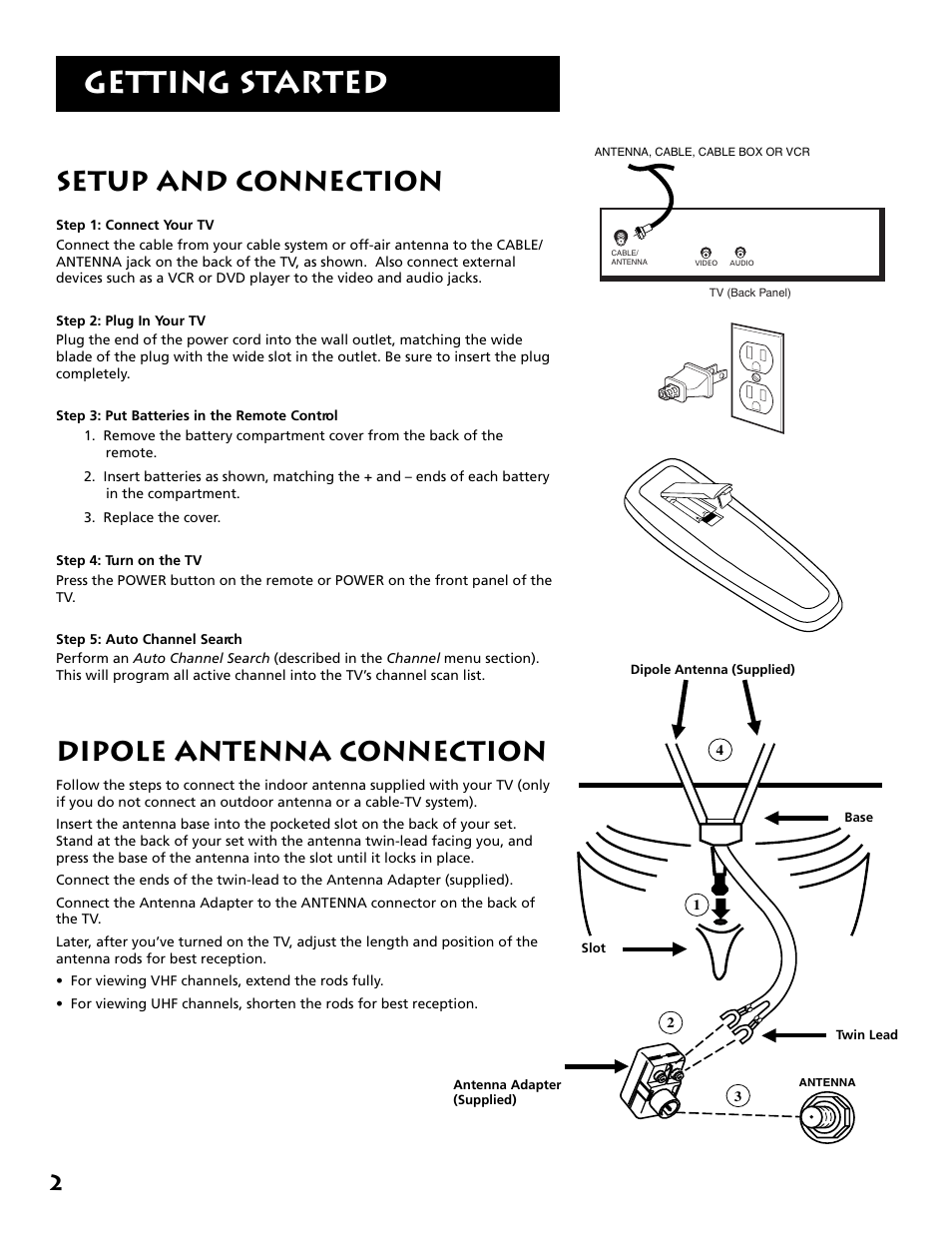 Getting started, Setup and connection, Dipole antenna connection | RCA E13341 User Manual | Page 4 / 20