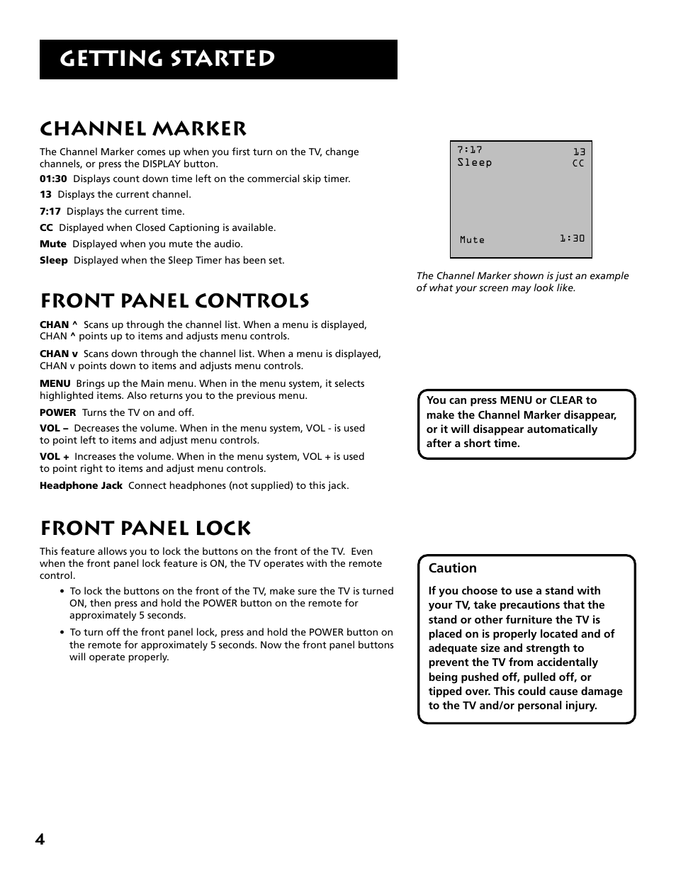 Getting started, Channel marker, Front panel controls | Front panel lock | RCA E13341 User Manual | Page 6 / 20