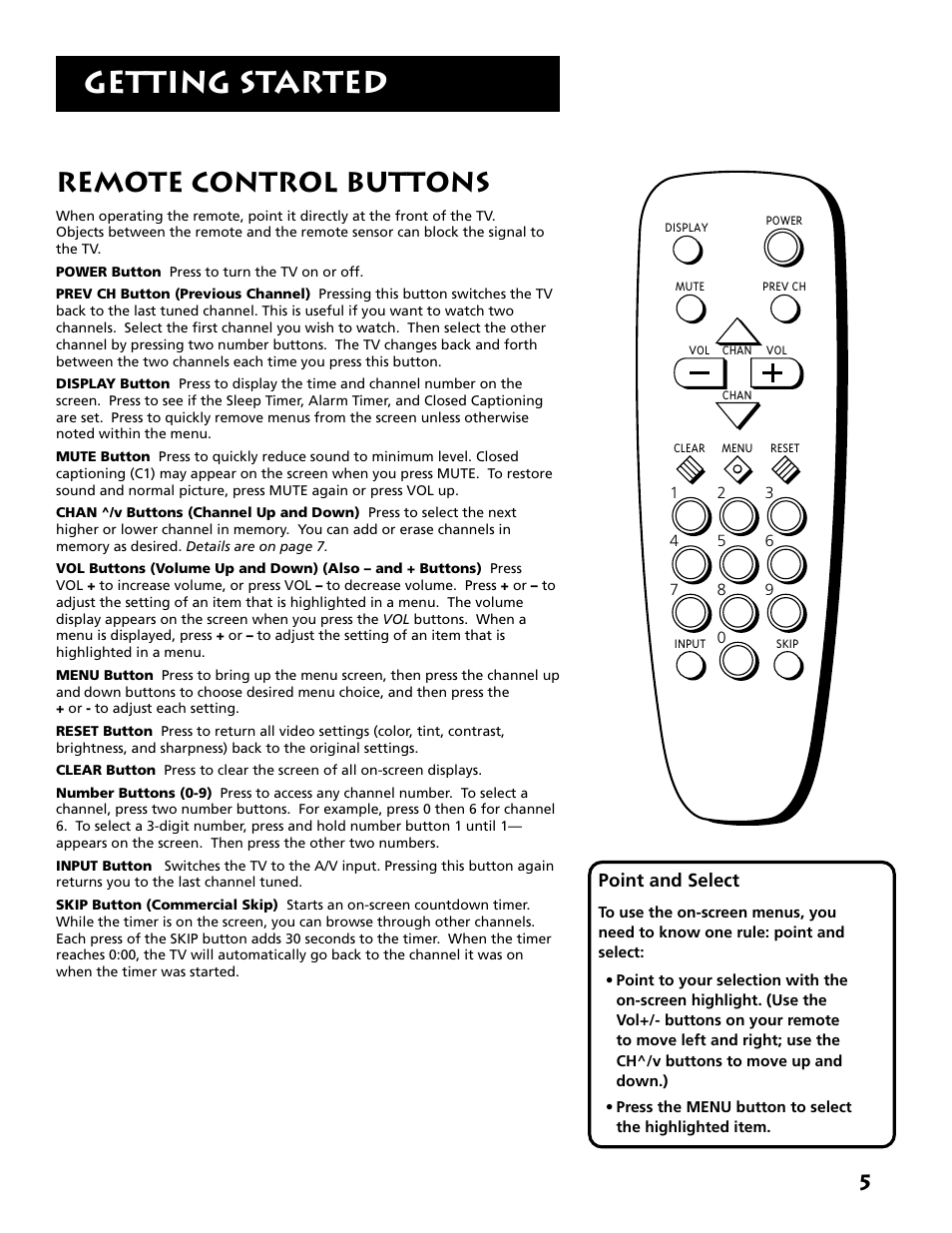 Getting started, Remote control buttons | RCA E13341 User Manual | Page 7 / 20