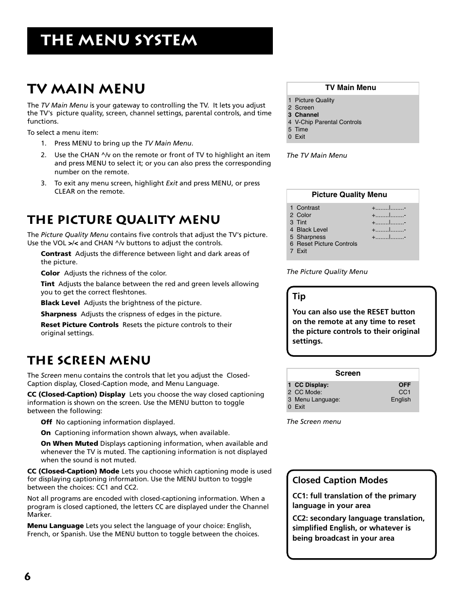 The menu system, Tv main menu, The picture quality menu | The screen menu | RCA E13341 User Manual | Page 8 / 20