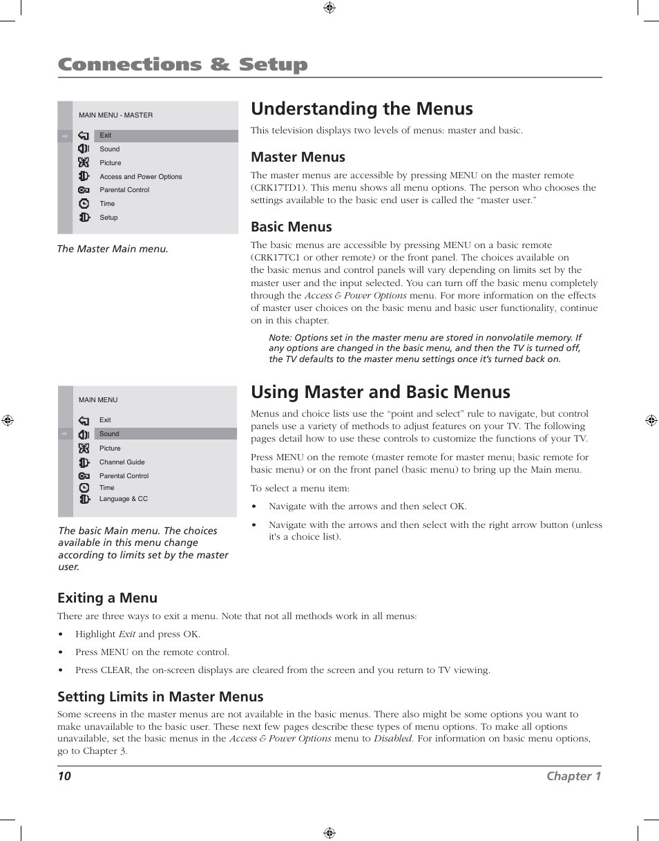 Connections & setup, Understanding the menus, Using master and basic menus | Master menus, Basic menus, Exiting a menu, Setting limits in master menus, 10 chapter 1 | RCA J20F742 User Manual | Page 10 / 40