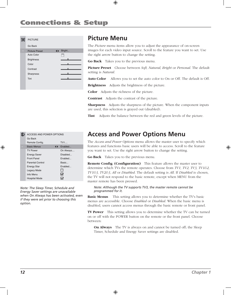 Connections & setup, Picture menu, Access and power options menu | 12 chapter 1 | RCA J20F742 User Manual | Page 12 / 40