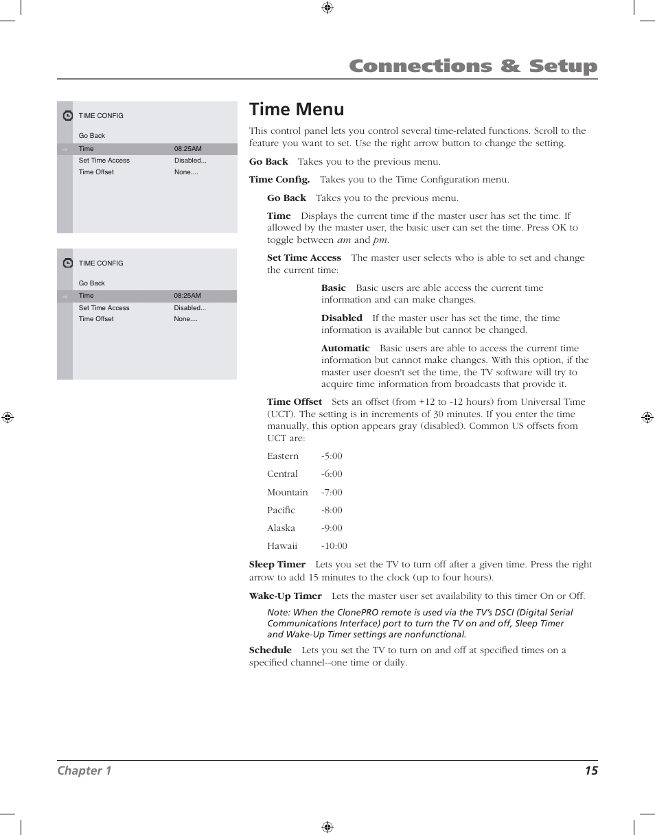Connections & setup time menu, Chapter 1 15 | RCA J20F742 User Manual | Page 15 / 40