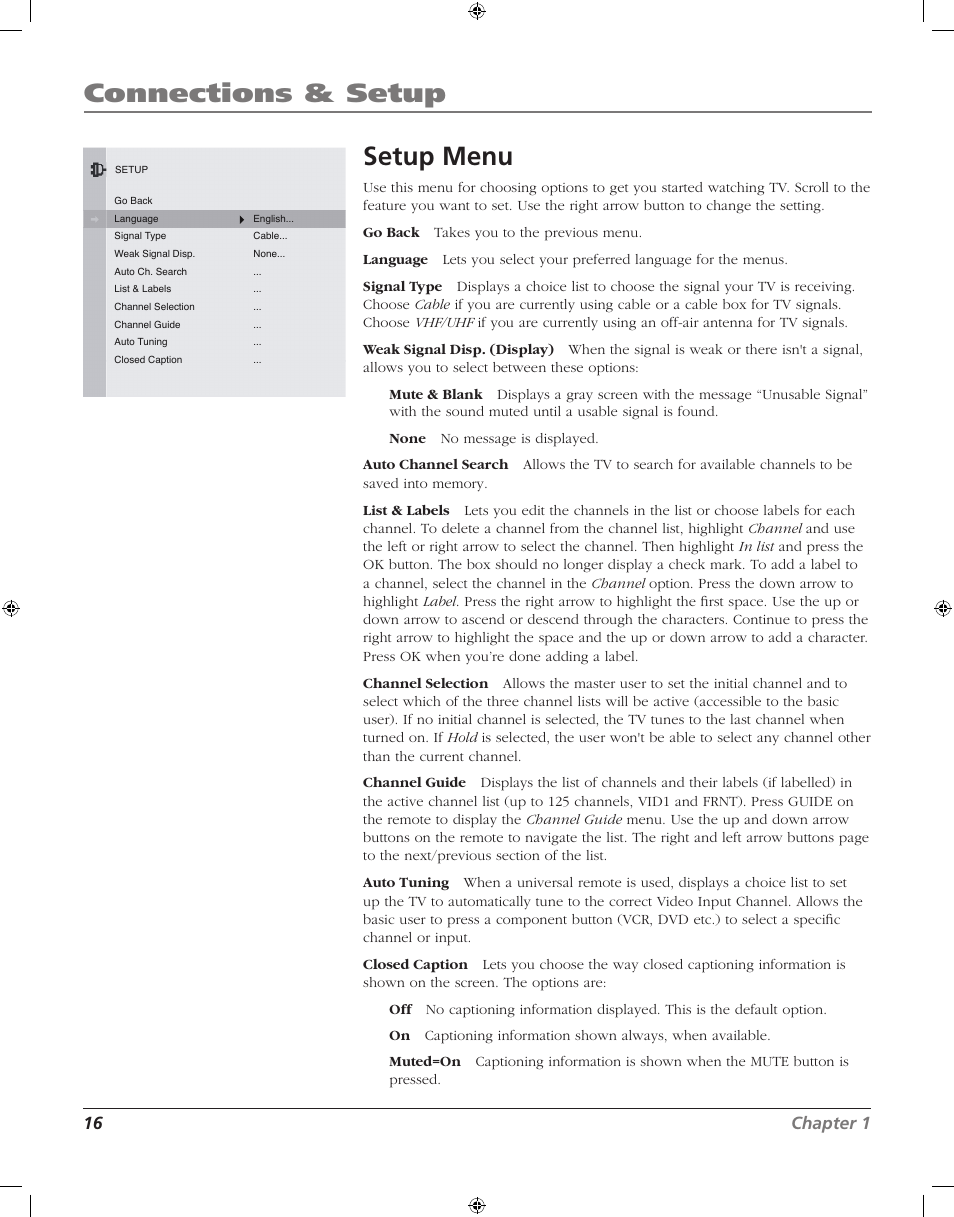 Connections & setup, Setup menu, 16 chapter 1 | RCA J20F742 User Manual | Page 16 / 40