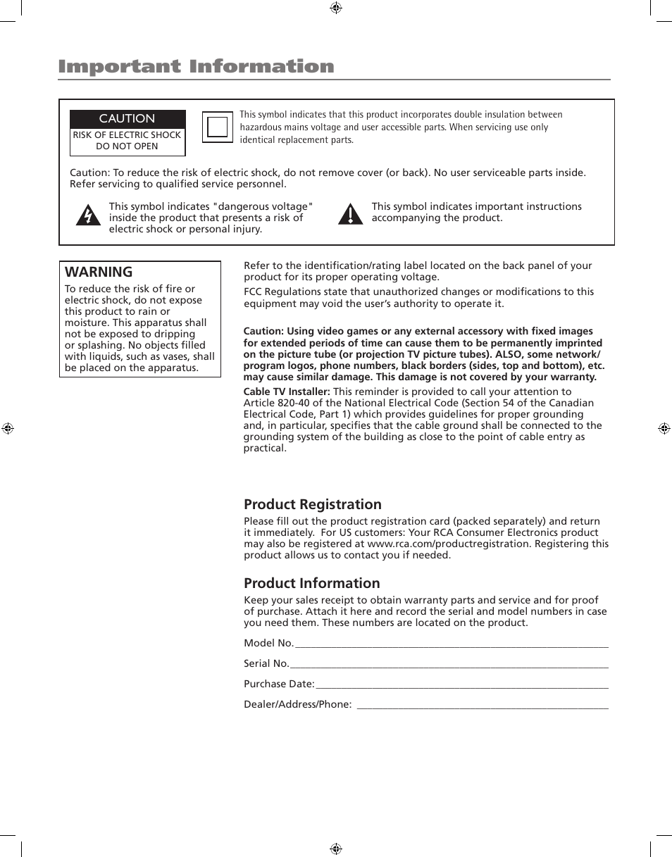 Important information, Product registration, Product information | Warning | RCA J20F742 User Manual | Page 2 / 40