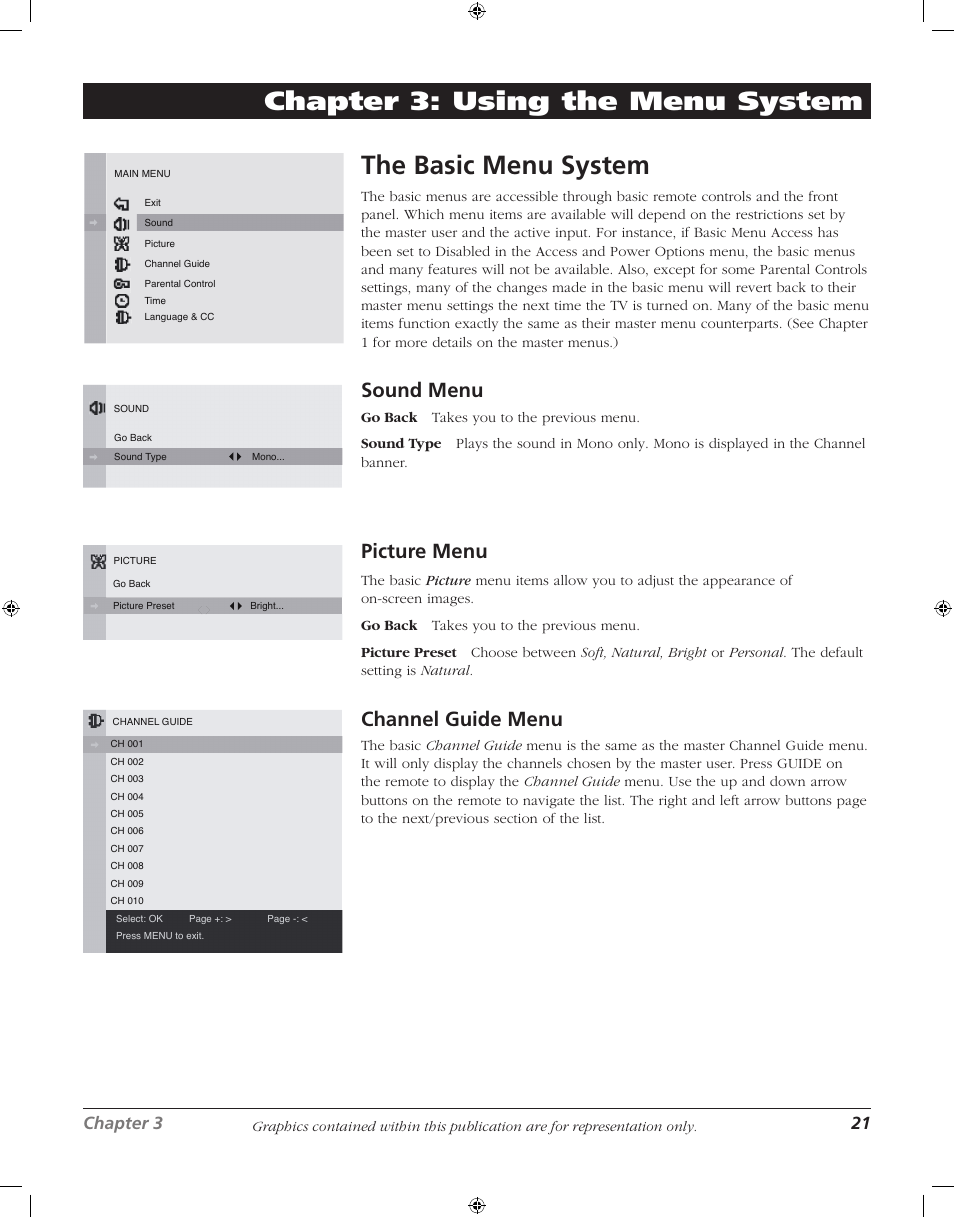 The basic menu system, Chapter 3: using the menu system, Sound menu | Picture menu, Channel guide menu, Chapter 3 21 | RCA J20F742 User Manual | Page 21 / 40