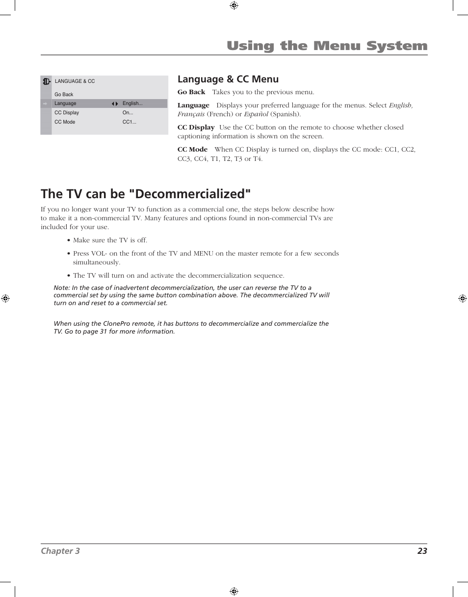 Using the menu system, The tv can be "decommercialized, Language & cc menu | Chapter 3 23 | RCA J20F742 User Manual | Page 23 / 40