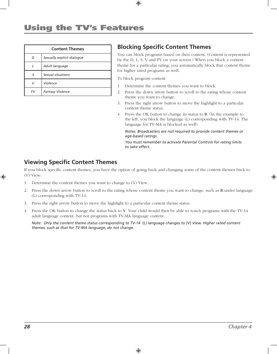 Using the tv’s features, Blocking speciﬁc content themes, Viewing speciﬁc content themes | RCA J20F742 User Manual | Page 28 / 40