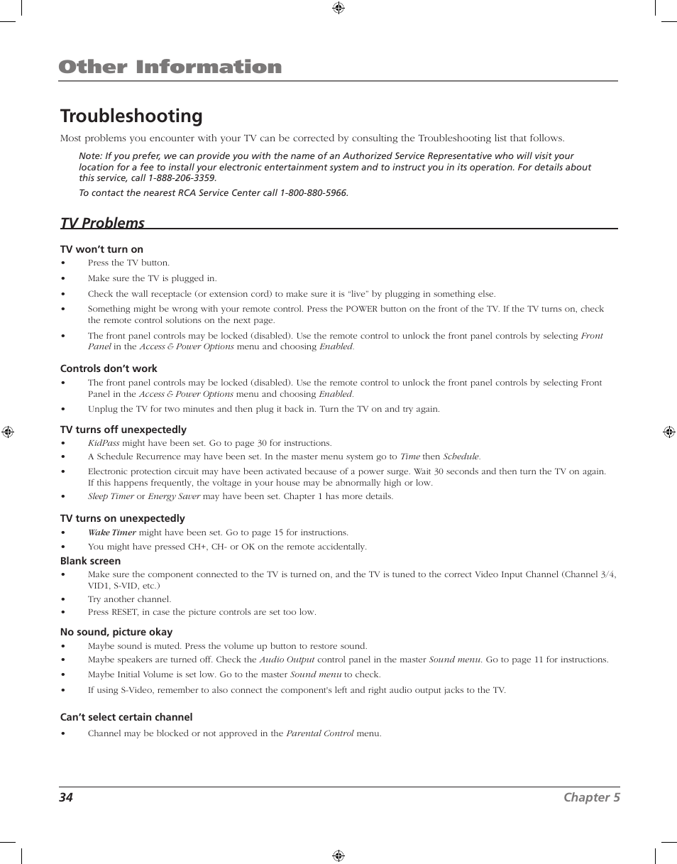 Other information troubleshooting, Tv problems | RCA J20F742 User Manual | Page 34 / 40