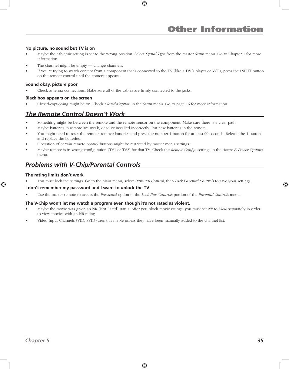 Other information, The remote control doesn’t work, Problems with v-chip/parental controls | RCA J20F742 User Manual | Page 35 / 40