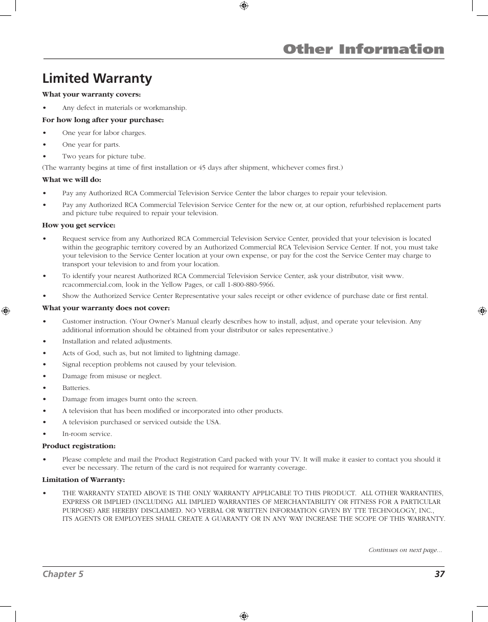 Other information limited warranty | RCA J20F742 User Manual | Page 37 / 40