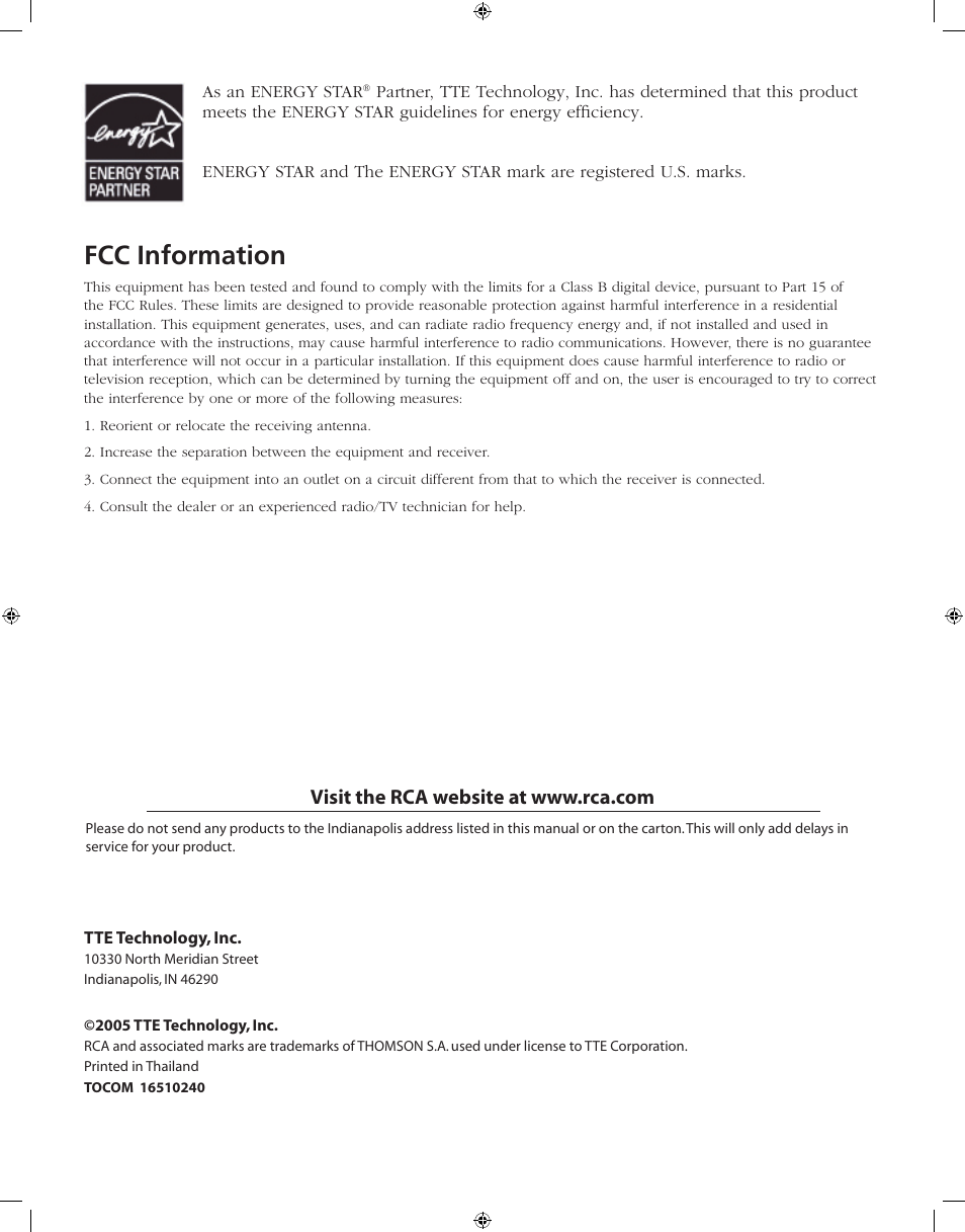 Fcc information | RCA J20F742 User Manual | Page 40 / 40
