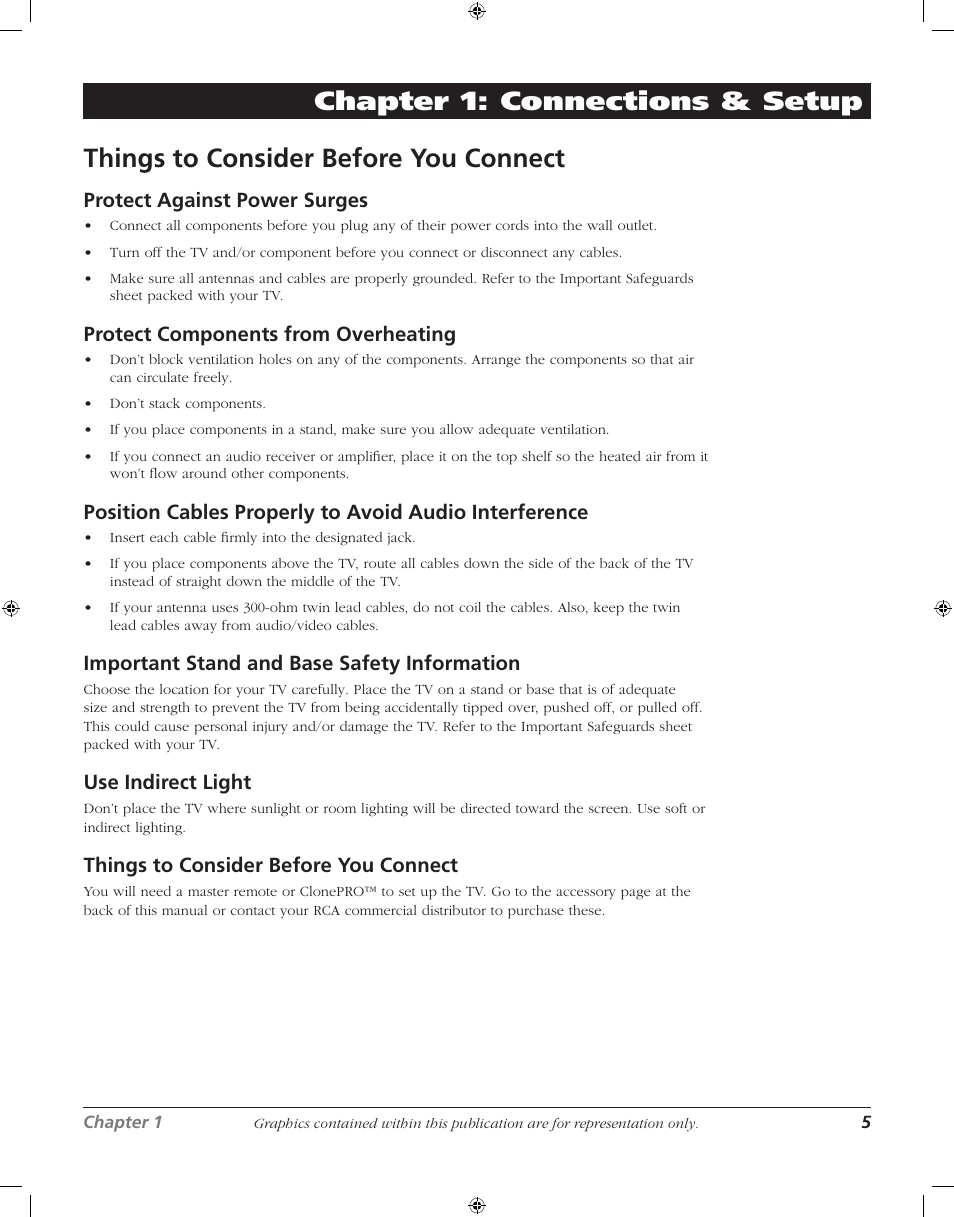 Things to consider before you connect, Chapter 1: connections & setup, Protect against power surges | Protect components from overheating, Important stand and base safety information, Use indirect light | RCA J20F742 User Manual | Page 5 / 40