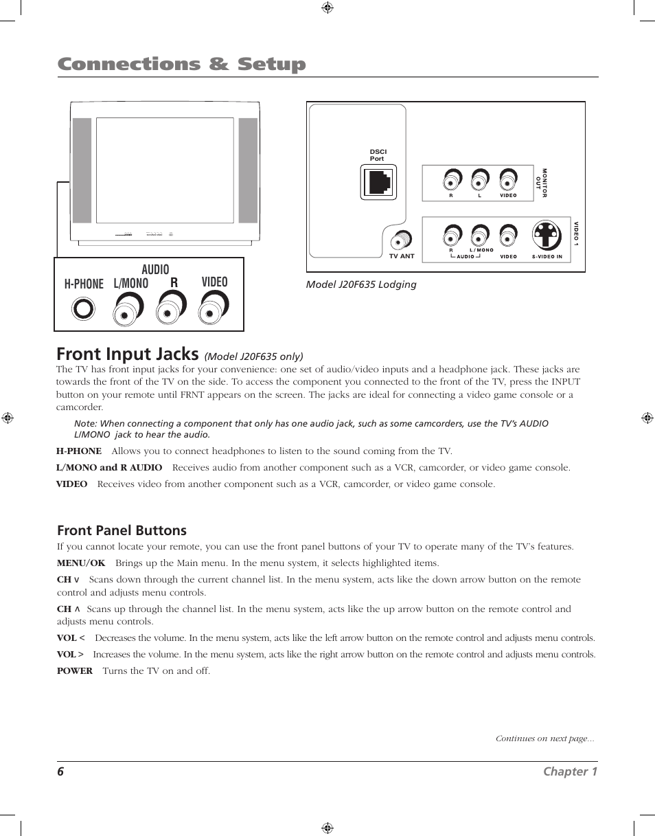 Connections & setup, Front input jacks, Front panel buttons | RCA J20F742 User Manual | Page 6 / 40