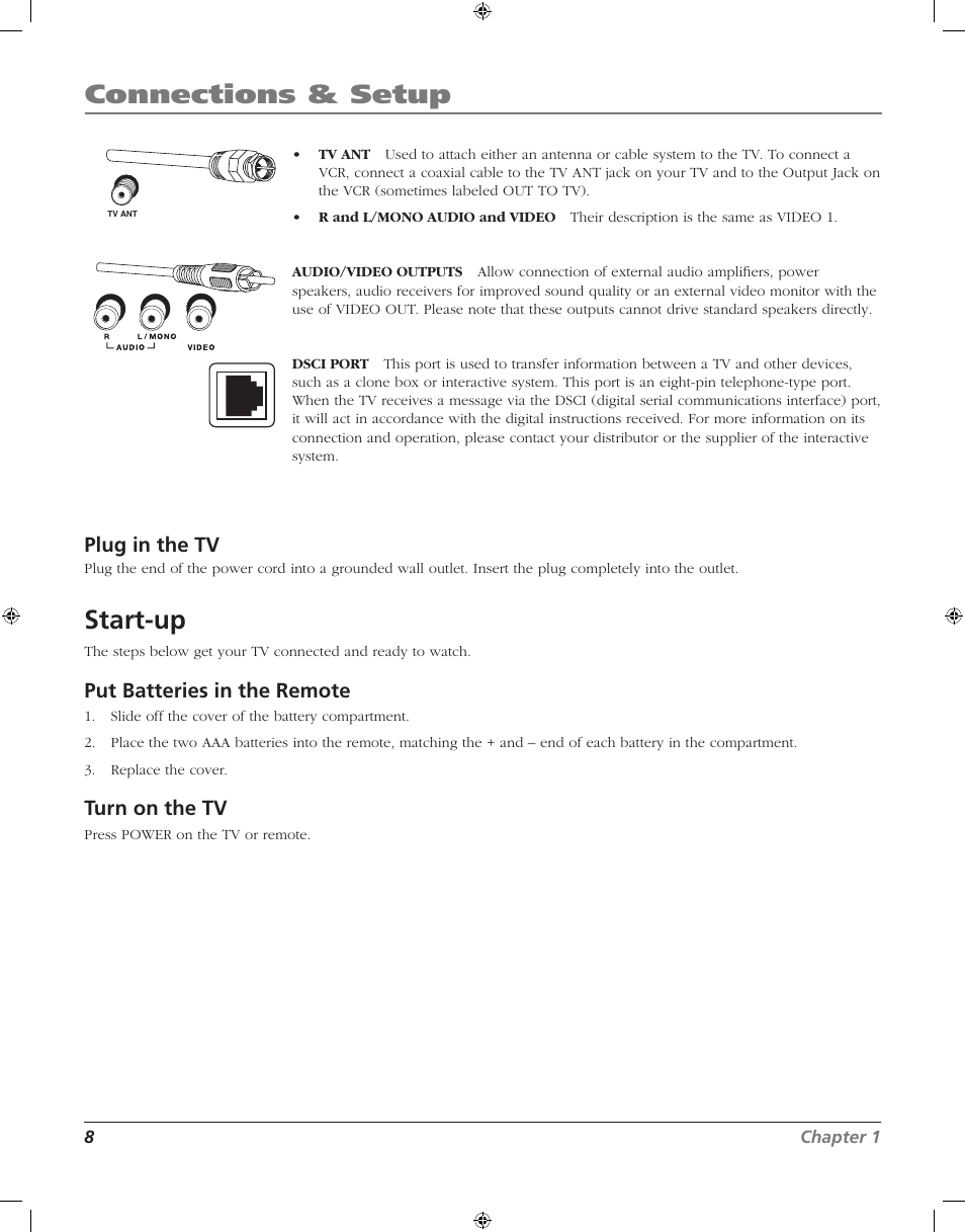 Connections & setup, Start-up, Plug in the tv | Put batteries in the remote, Turn on the tv, 8chapter 1 | RCA J20F742 User Manual | Page 8 / 40