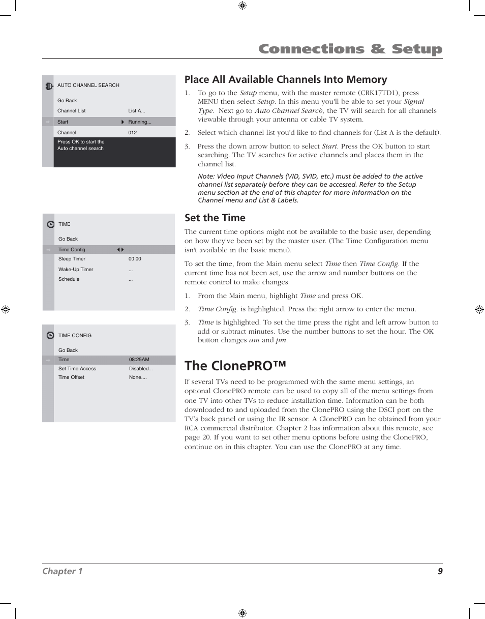 Connections & setup, The clonepro, Set the time | Chapter 1 9 | RCA J20F742 User Manual | Page 9 / 40