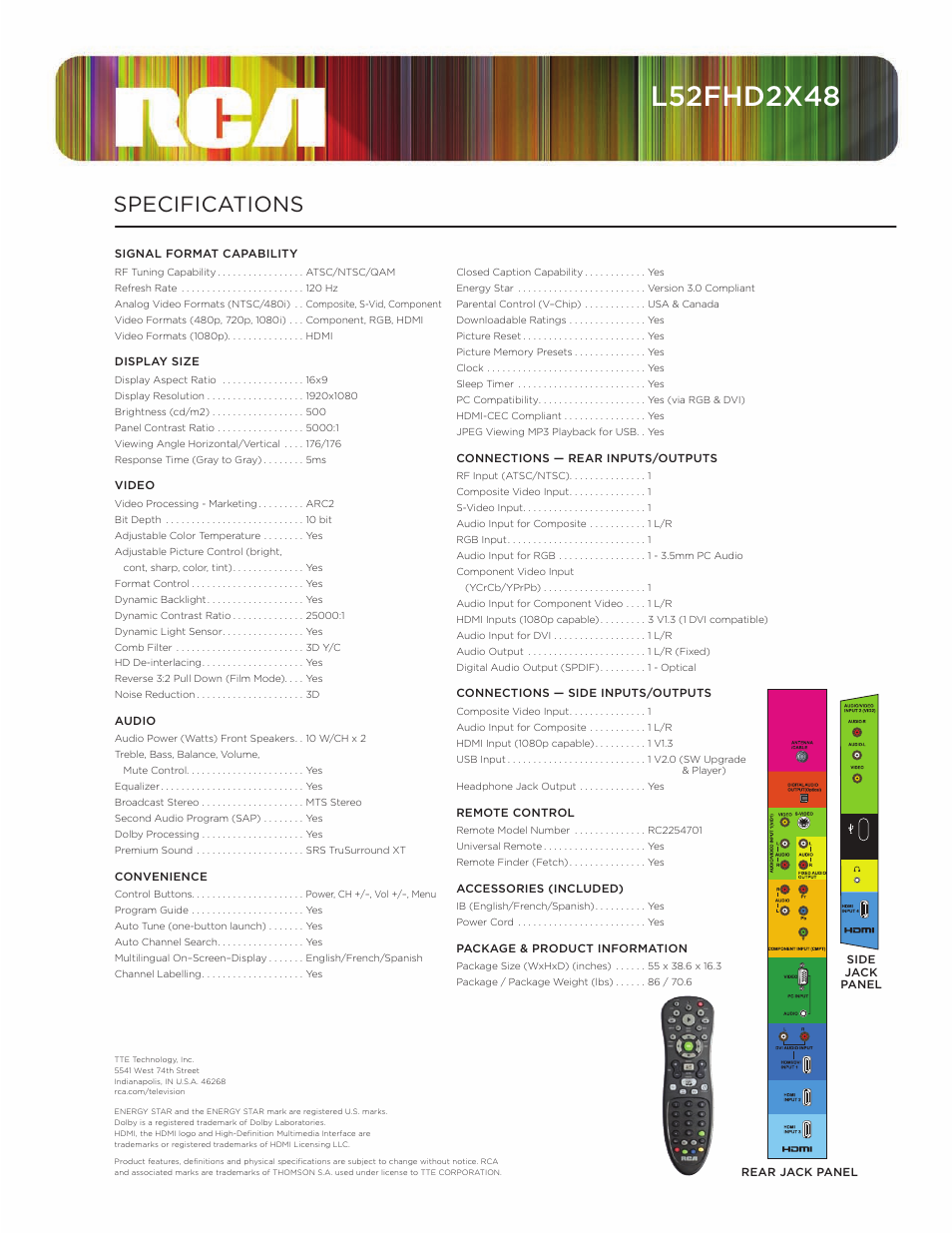 Specifications | RCA L52FHD2X48 User Manual | Page 2 / 2