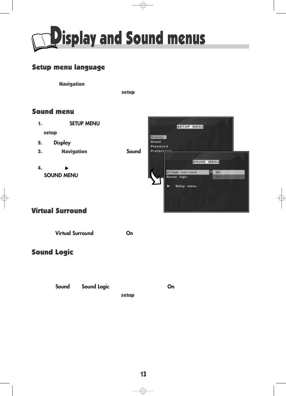 Isplay and sound menus, Sound logic, Virtual surround | Setup menu language sound menu | RCA DRC600N User Manual | Page 15 / 30
