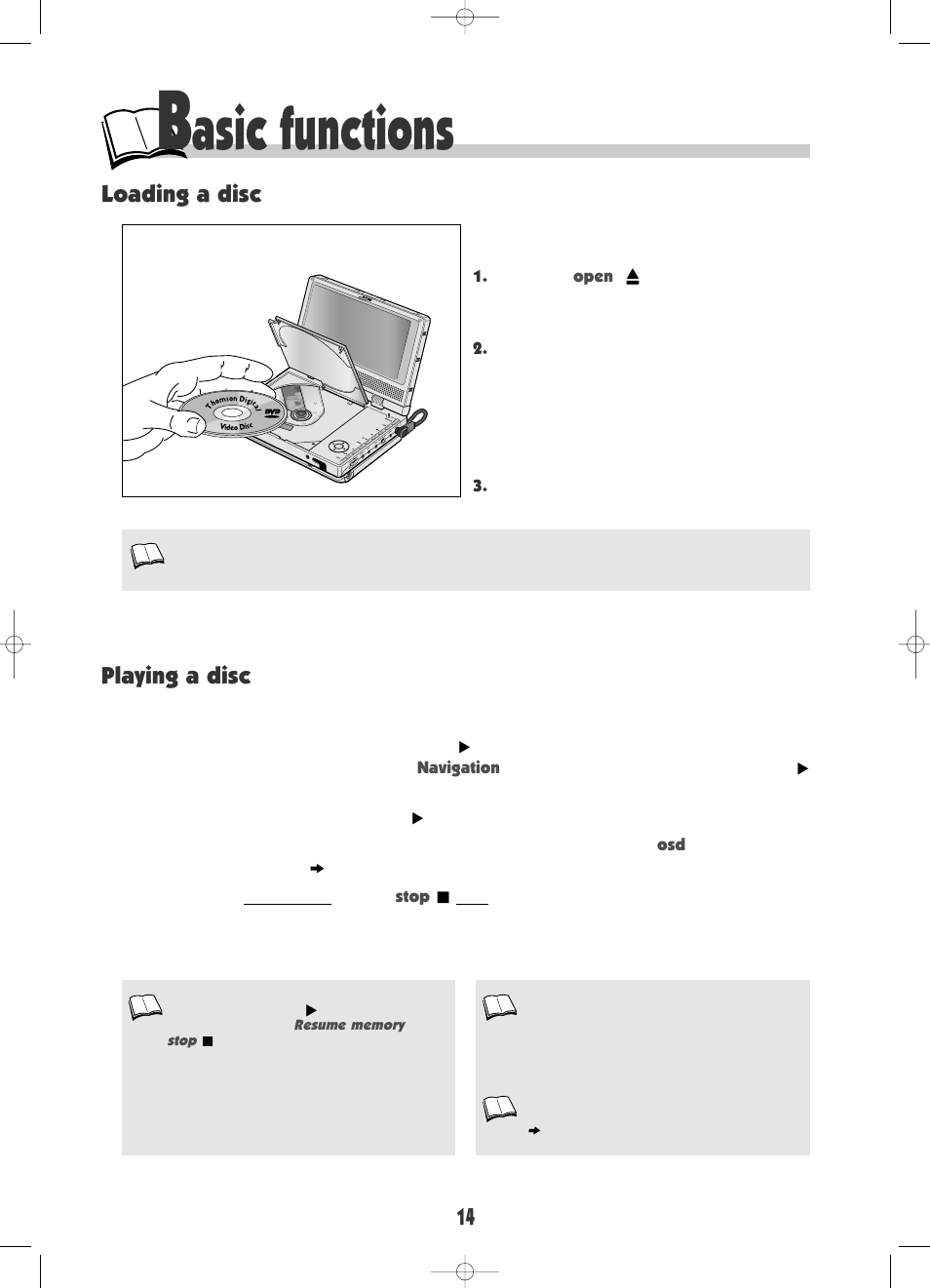Asic functions, Loading a disc playing a disc | RCA DRC600N User Manual | Page 16 / 30